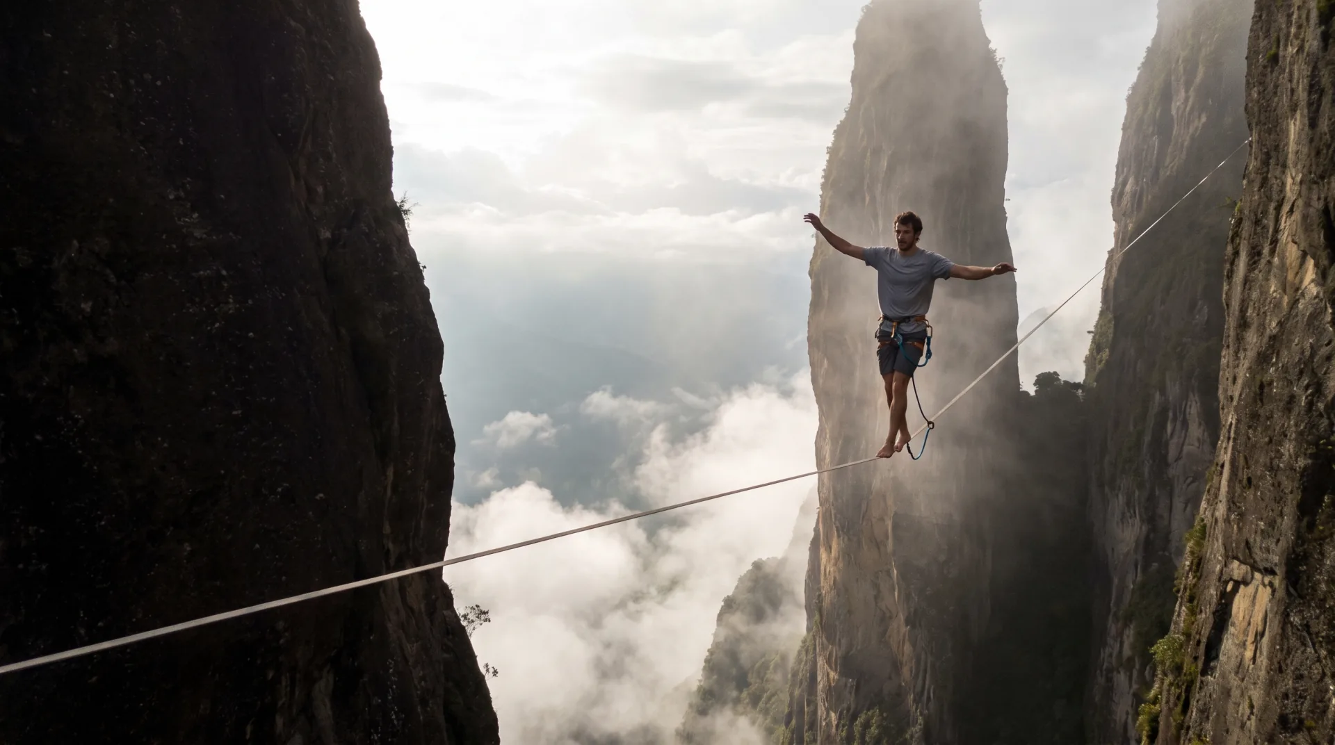 Una persona camina sobre un lazo tendido entre dos montañas, por encima de las nubes, asegurada con un arnés