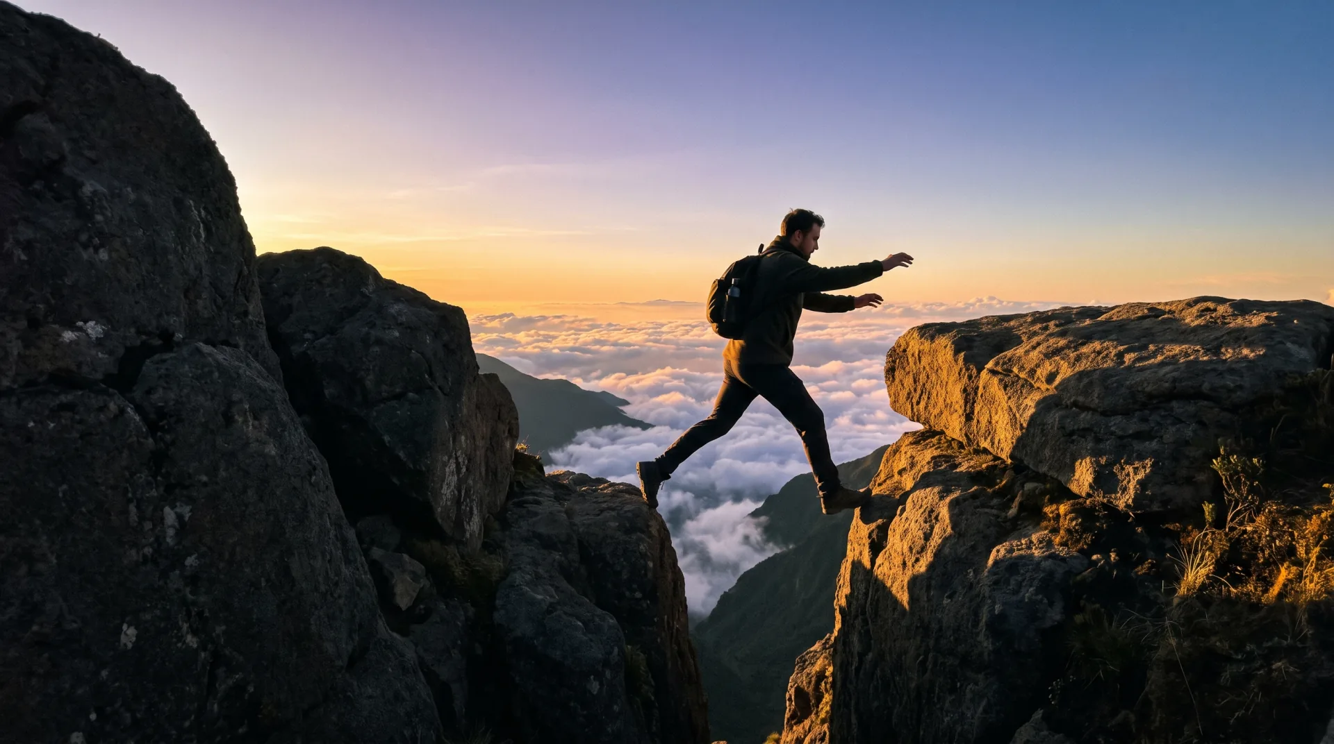 Un hombre con morral salta de una roca a otra entre dos montañas, al amanecer, por encima de las nubes